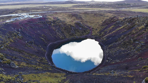 Aerial view of kerid, is a beautiful crater lake of a turquoise color located in iceland