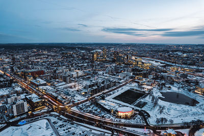 Lithuanian capital vilnius at evening in winter from aerial perspective 