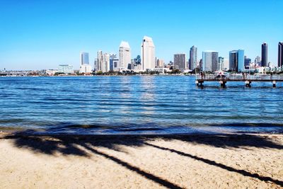 Sea and buildings against clear sky