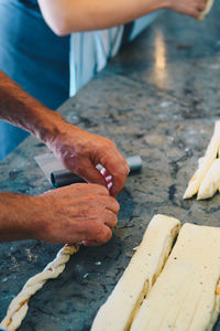 High angle view of man working on wood