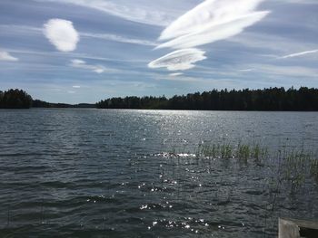 Scenic view of lake against cloudy sky