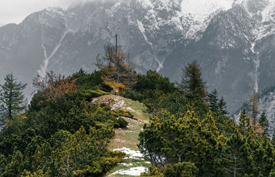 Green mountain peak with moody gray rocky mountains in background