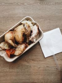 Directly above shot of meat on container on table