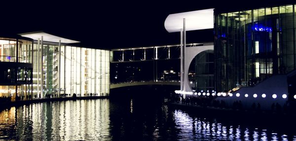 Reflection of buildings in calm water at night