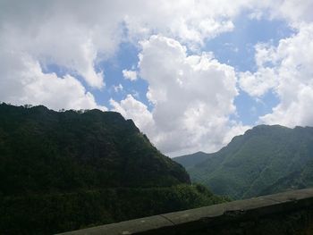 Scenic view of mountains against cloudy sky