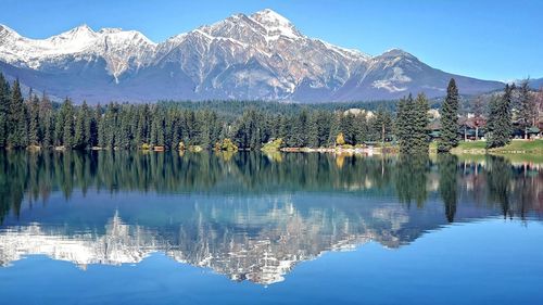 Scenic view of lake by snowcapped mountains against sky