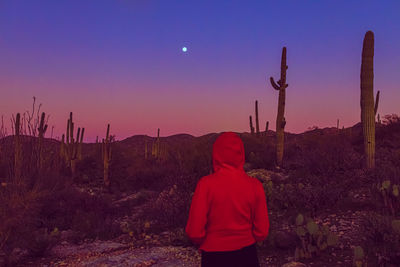 Rear view of woman standing on land against sky during sunset