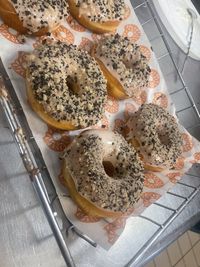 High angle view of donuts on table