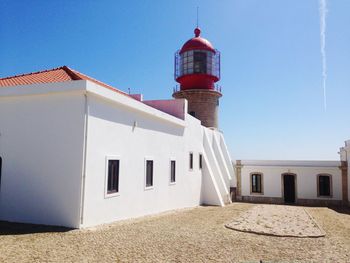 Low angle view of building against clear blue sky