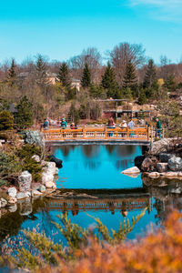 The bridge at the japanese gardens being reflected in the lake