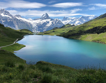 Scenic view of lake and mountains against sky