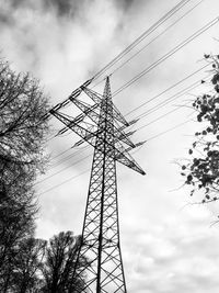 Low angle view of power lines against cloudy sky