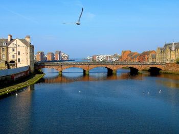 Bridge over river by buildings against blue sky