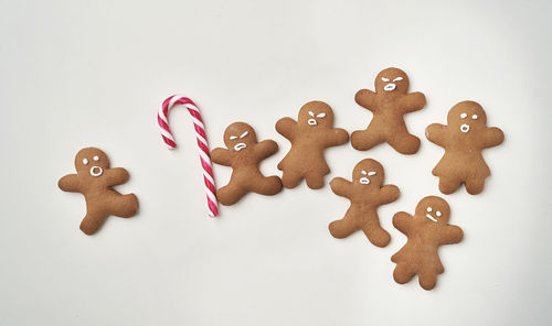 High angle view of cookies against white background
