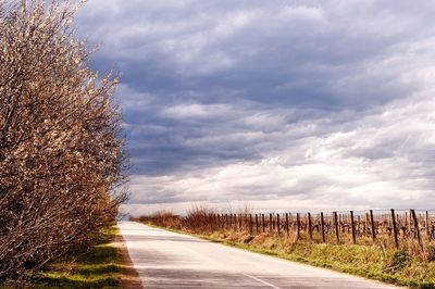 Empty road amidst field against sky