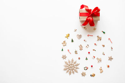 High angle view of christmas decorations on white background