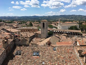 High angle view of old town against sky