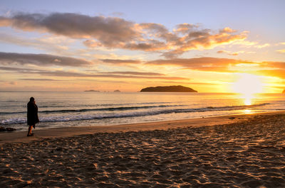 Rear view of silhouette person walking on beach during sunset