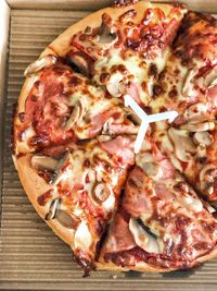 High angle view of pizza on table