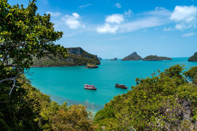 High angle view of bay against sky