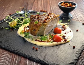 Close-up of food in plate on table
