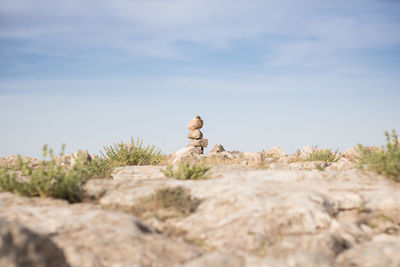 Sculpture of rock sitting against sky