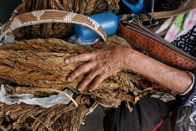 High angle view of man working in basket