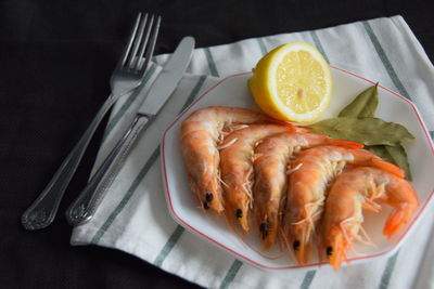 High angle view of seafood in plate on table