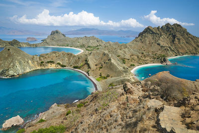 Panoramic view of landscape and sea against sky