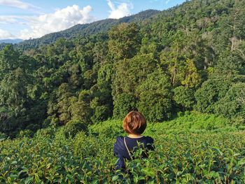 Rear view of person on landscape against mountains