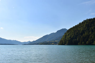 Scenic view of sea and mountains against sky