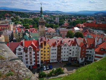 High angle view of buildings in city