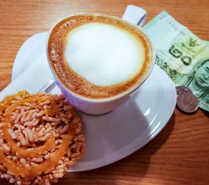 High angle view of coffee on table