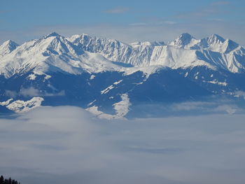 Scenic view of snowcapped mountains against sky