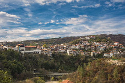 High angle shot of townscape against sky