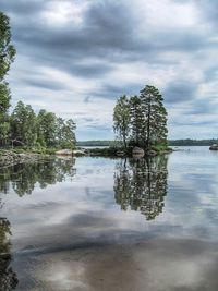 Scenic view of lake against cloudy sky