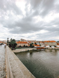 Buildings by river against sky in city