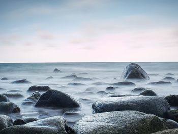 Peaceful morning sea level with stones in peaceful sea level. pink horizon with first sun rays