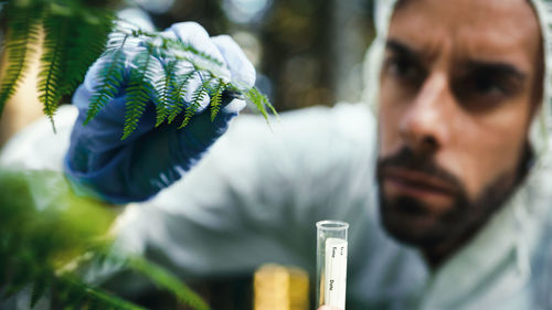 Botanist takes a plant sample for analysis in the mountains