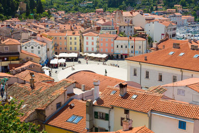 High angle view of buildings in town