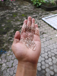 Close-up of person holding clips for office paper