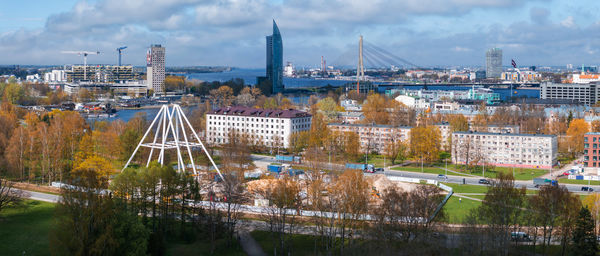 High angle view of buildings in city