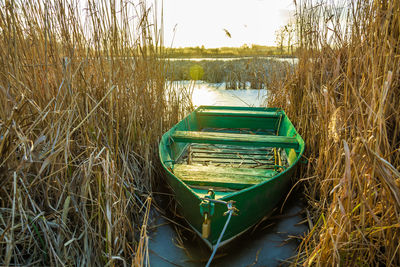 Green boat moored in the dry reeds, lake on a sunny day