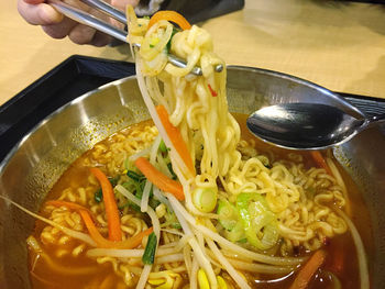 High angle view of noodles in bowl