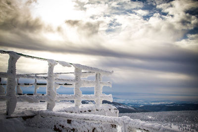 Built structure on snow covered land against sky