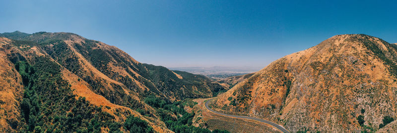 Panoramic view of mountains against clear blue sky