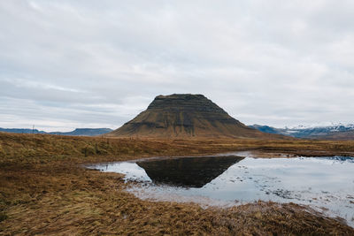 Scenic view of lake and mountain against sky