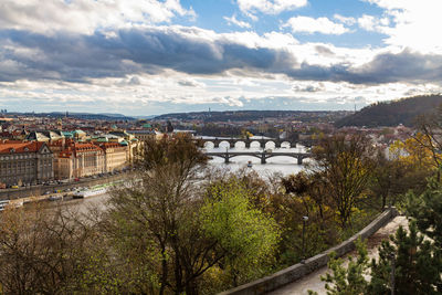 Aerial view of city against cloudy sky