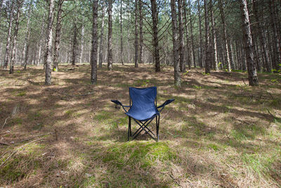 Empty chair on field against trees
