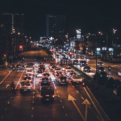 High angle view of traffic on road at night